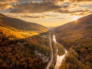 Autumn color brightens a morning near Cabins in Grant County, West Virginia, as fall foliage spreads across the Potomac Highlands.