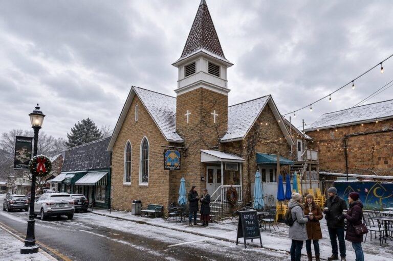 A light snowfall dusts Cathedral Cafe in downtown Fayetteville as residents gather during winter. Organizers of Fayetteville Creates hope the annual artist residency will help establish the New River Gorge community as a year-round creative destination.