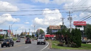 Hotels, restaurants, and other businesses line Harper Road near the I-64/I-77 interchange in Beckley, West Virginia.