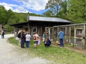 Visitors encounter heritage-breed chickens at a village coop in Heritage Farm Museum and Village's recreated Appalachian community near Huntington. Living-history exhibits, farm animals and historic buildings help families experience everyday life in 19th-century Appalachia. (Photo courtesy Heritage Farm)