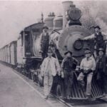 Employees of the Kanawha & Michigan Railway pose with Engine No. 547 in southern West Virginia in 1909, 18 years after the railroad's deadly Fourth of July wreck near Dunbar. (Photo courtesy West Virginia & Regional History Center, WVU Libraries)