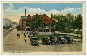 The Kanawha & Michigan Railway station in Charleston is shown about 1918. Train No. 1 departed Charleston on the morning of July 4, 1891, before wrecking near present-day Dunbar. (West Virginia & Regional History Center, WVU Libraries)