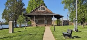The historic Mansion House stands along the riverfront at Tu-Endie-Wei State Park in Point Pleasant, W.Va., where the Water Panther Stone is preserved near the confluence of the Kanawha and Ohio rivers.