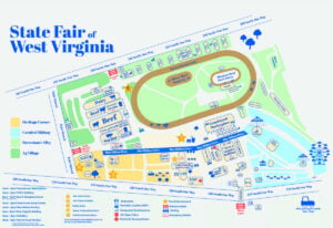 A map of the State Fair of West Virginia grounds in Lewisburg shows the locations of exhibition halls, livestock facilities, carnival attractions, food vendors and other features across the sprawling fairgrounds.