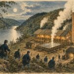 Union soldiers reached the Mercer Saltworks on the New River during the early hours of Aug. 10, 1862, finding its steam engine running and its enormous salt pans boiling before destroying the works by fire. (WVExplorer illustration)