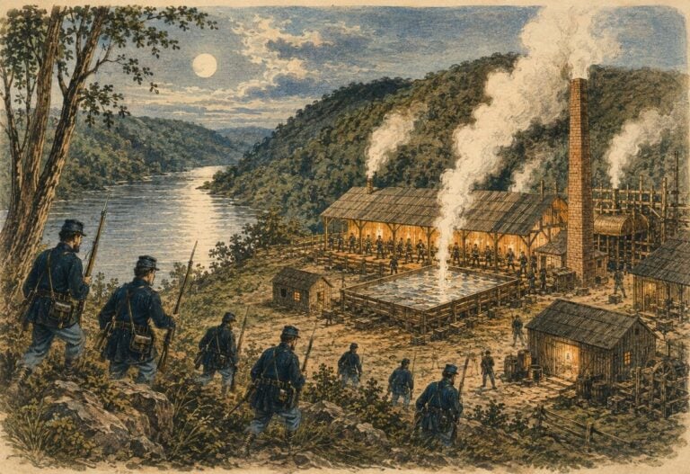 Union soldiers reached the Mercer Saltworks on the New River during the early hours of Aug. 10, 1862, finding its steam engine running and its enormous salt pans boiling before destroying the works by fire. (WVExplorer illustration)