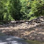 A debris slide blocks a road in New River Gorge National Park and Preserve following torrential rainfall Sunday. Flooding, washouts and fallen trees closed several roads and recreation access points across the park. (NPS photo)