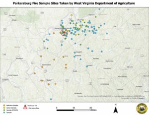 West Virginia Department of Agriculture sampling locations extend across the Parkersburg area and surrounding counties following the July 2026 Peoples Cartage warehouse fire. The map shows sampling sites, apiary samples, reference samples and a two-mile radius around the fire site. (West Virginia Department of Agriculture)