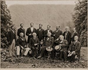 Former Confederate Gen. Robert E. Lee, seated third from left, poses with former Confederate generals and other prominent figures at White Sulphur Springs, W.Va., in August 1869. The gathering came a year after Lee and other Southern leaders participated in the exchange that became known as the White Sulphur Manifesto. (Public-domain image, digitally restored)
