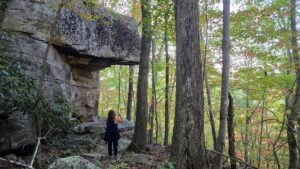 A hiker explores the Ship Rock Trail above Piney Creek Gorge near Beckley, West Virginia.