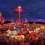 The midway comes alive after dark at the State Fair of West Virginia in Lewisburg, where carnival rides, games, food vendors and crowds have long been part of one of the state’s most enduring summer traditions. (Photo courtesy Greenbrier County Convention and Visitors Bureau)