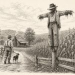 An artist’s interpretation of the legend of Crock Face, an Indigenous warrior said to have disguised himself as a scarecrow while waiting near the home of an early settler in what is now Harrison County, West Virginia.