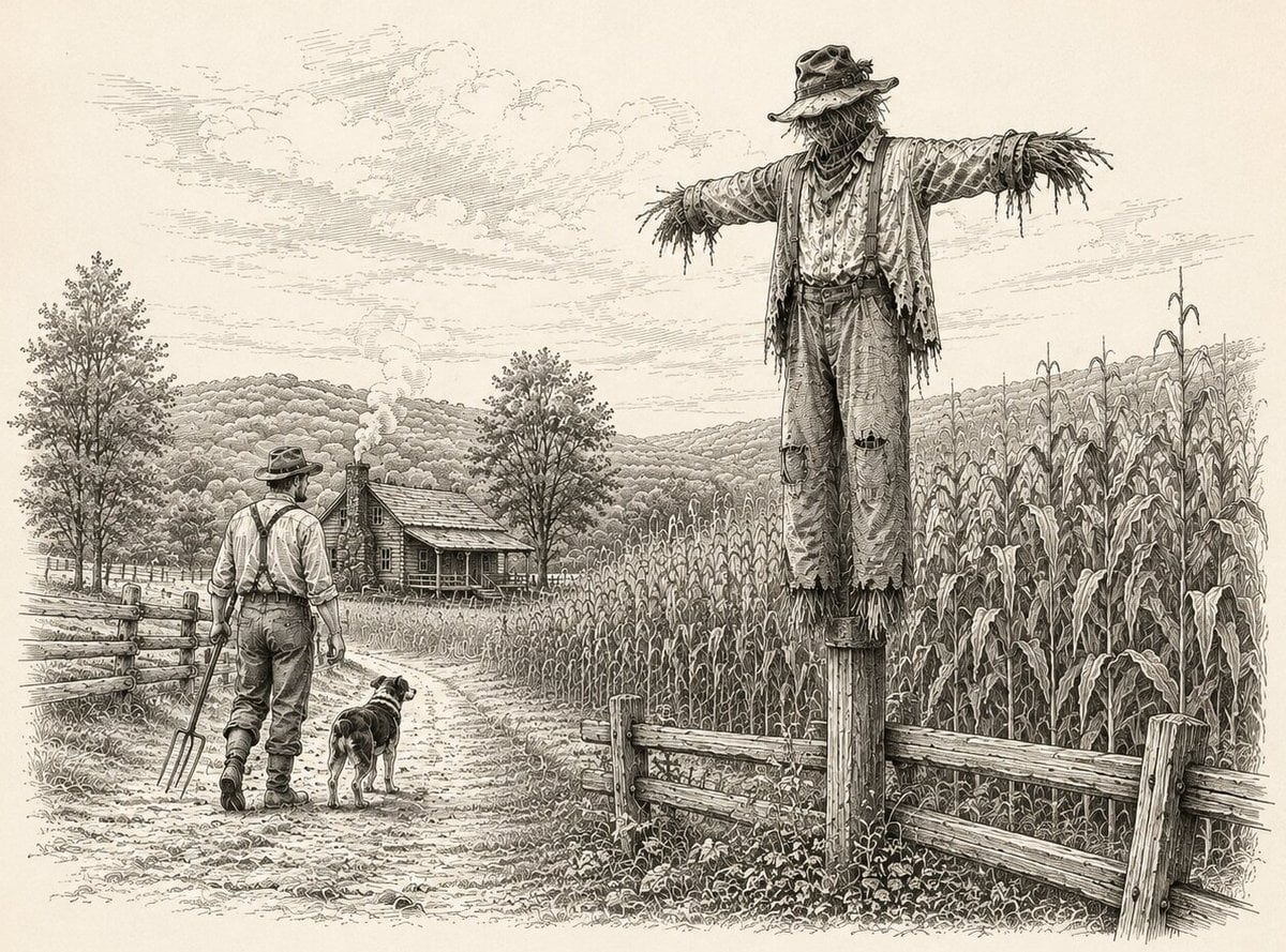 An illustration depicts the scarecrow at the center of the Crock Face legend, a strange frontier tale preserved by West Virginia folklorist Jim Comstock. According to the story, an Indigenous warrior concealed himself inside the figure while waiting to ambush an early settler in present-day Harrison County.