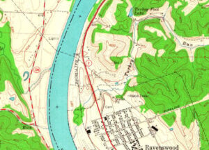A U.S. Geological Survey map from about 1960 shows Turkey Run and the small Turkey Foot Lake northeast of Ravenswood, West Virginia, near the Ohio River. The present Turkey Run Lake was created following construction of its dam in 1964. (USGS map)