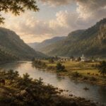 In Thomas Dunn English’s day, the Guyandotte River valley was a pastoral landscape of farms and small settlements tucked between the river and steeply forested mountains, decades before railroads and coal mining transformed southern West Virginia. (WVExplorer.com illustration)
