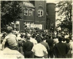 West Virginia Gov. W. W. “Wally” Barron appears with Morgantown native and actor Don Knotts before a crowd at Courthouse Square in Morgantown in 1963. (West Virginia & Regional History Center, Morgantown Post Collection)