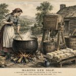 An illustration depicts traditional lye-soap making, in which water was passed through wood ashes to produce lye that was boiled with animal fat. The process was once practiced in West Virginia households. Illustration: West Virginia Explorer