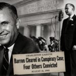 Former West Virginia Gov. William Wallace Barron became the central figure in one of the state’s most extraordinary political scandals after his 1968 acquittal on federal conspiracy charges was followed by revelations that the jury foreman had been bribed. The illustration combines archival images of Barron with imagery recalling the federal trial in Charleston.