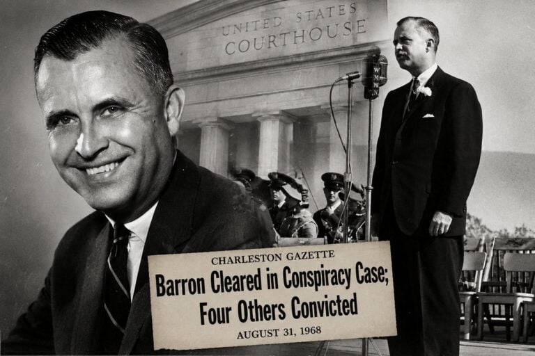 Former West Virginia Gov. William Wallace Barron became the central figure in one of the state’s most extraordinary political scandals after his 1968 acquittal on federal conspiracy charges was followed by revelations that the jury foreman had been bribed. The illustration combines archival images of Barron with imagery recalling the federal trial in Charleston.