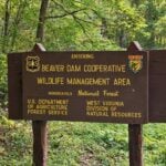 A sign marks the Beaver Dam Cooperative Wildlife Management Area in Monongahela National Forest, one of several areas where the U.S. Forest Service and West Virginia Division of Natural Resources cooperate on wildlife management.