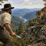 An artist’s interpretation of the “Panther Killer” legend associated with Ephraim “Big Eaf” Hatfield, father of William Anderson “Devil Anse” Hatfield. A 1952 Logan County history related a tradition that Hatfield killed a panther with a hunting knife near present-day Red Jacket, West Virginia. Contemporary evidence establishing the episode as fact has not been found.