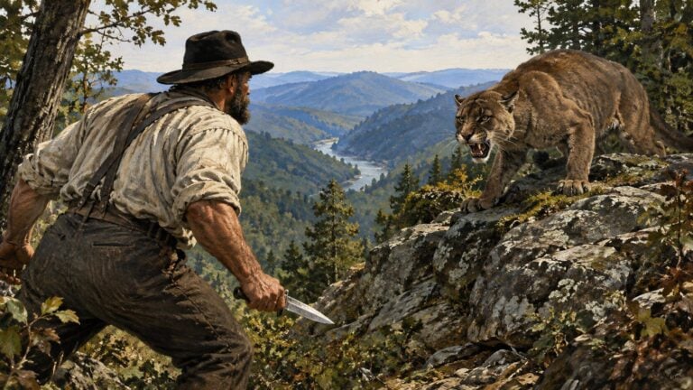 An artist’s interpretation of the “Panther Killer” legend associated with Ephraim “Big Eaf” Hatfield, father of William Anderson “Devil Anse” Hatfield. A 1952 Logan County history related a tradition that Hatfield killed a panther with a hunting knife near present-day Red Jacket, West Virginia. Contemporary evidence establishing the episode as fact has not been found.