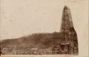 Crowds gather at the Big Moses gas well in Tyler County on Sept. 9, 1894, three days after the well came in along Indian Creek. The enormous gas strike quickly became a spectacle during the region’s oil and gas boom. (WVU Libraries)