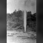 The Big Moses gas well erupts along Indian Creek in Tyler County, West Virginia, during the region’s oil and gas boom of the 1890s. Drilled in search of oil in 1894, the well instead struck an enormous flow of natural gas that repeatedly resisted efforts to bring it under control.