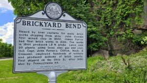 A historical marker at New Cumberland, W.Va., recalls Brickyard Bend, where more than 20 brick plants once operated along the Ohio River and employed hundreds of workers. (Photo by David Sibray)