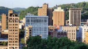 The former Daniel Boone Hotel rises above downtown Charleston, where Boone's name remains part of the city's landscape more than two centuries after he lived in the Kanawha Valley.