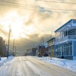 Snow covers a street in Davis, West Virginia, the state’s highest incorporated community. At an elevation of about 3,100 feet in the Allegheny Mountains, Davis experiences cooler summers, earlier autumns, colder winters, and later springs than many lower-elevation communities.