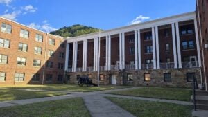 A historic institutional building stands on the former WVU Tech campus in Montgomery, where the college and its predecessors were centered for more than a century. (WVExplorer.com photo)