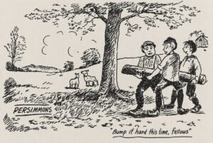 Kanawha Valley historian Forrest Hull illustrated an old autumn custom involving persimmons in this drawing accompanying his writings on seasonal traditions in West Virginia. The caption reads, “Bump it hard this time, fellows.”