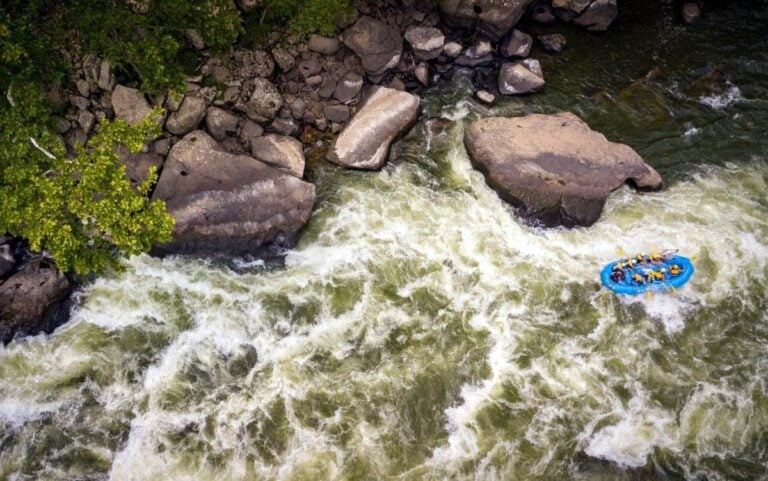 Rafters descend the Gauley River in West Virginia, one of the world’s celebrated whitewater runs. A form of the river’s unusual name appears in records dating to at least 1774, though its origin remains uncertain. (Photo courtesy ACE Adventure Resort)