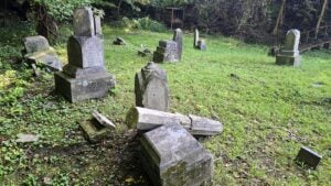 Older monuments stand in Montgomery's historic cemetery, where several markers were found toppled or broken during a September 2026 visit. (WVExplorer.com photo)
