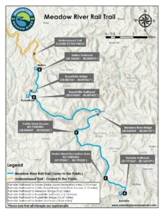 Map of the Meadow River Rail Trail shows the 18.66-mile route from Rainelle to Nallen, including trailheads, river crossings and access points. The former rail corridor continues beyond Nallen, but that section remains undeveloped and closed to the public. (Courtesy Adventure Meadow River)