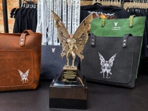 Merchandise featuring Bob Roach’s Mothman design is displayed at The Mothman Statue Legacy in Point Pleasant, West Virginia. The design of the famous Mothman statue is wholly owned by Mothman Statue LLC.