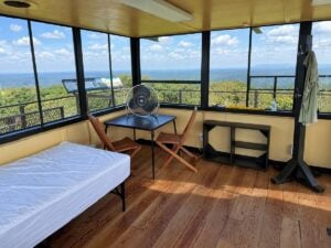 The restored cab atop the Red Oak Fire Lookout includes two cots and offers expansive views of the Monongahela National Forest. (Photo courtesy U.S. Forest Service)
