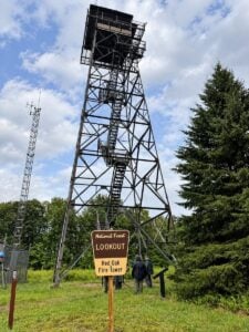 The 80-foot Red Oak Fire Tower rises above the Monongahela National Forest in Webster County, West Virginia. The restored lookout is now available for overnight stays. (Photo courtesy U.S. Forest Service)