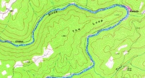The trail follows the Meadow River through "The Loop," designated in this section of a 1969 map by the U.S. Geological Survey.