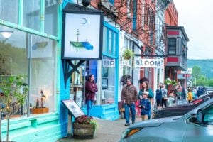 Visitors walk through downtown Thomas, West Virginia, during the warmer months. At more than 3,000 feet in elevation, the mountain community can experience cool mornings and evenings even in summer. (Photo courtesy Tucker County Convention and Visitors Bureau)