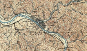 A historic U.S. Geological Survey topographic map shows Charleston, West Virginia, at the confluence of the Elk and Kanawha rivers, illustrating how the city developed on narrow valley lands surrounded by steep Appalachian hills. (U.S. Geological Survey)