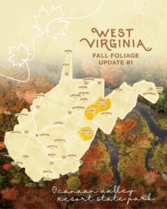 West Virginia’s first fall foliage update of 2026 highlights early color in the higher elevations of Tucker and Pocahontas counties, including areas around Davis, Thomas and Snowshoe. (Courtesy West Virginia Department of Tourism)