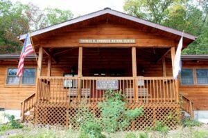 The Thomas D. Ambrose Nature Center welcomes visitors at Cacapon Resort State Park in Morgan County, West Virginia.