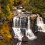 Peak autumn foliage frames Blackwater Falls in Tucker County, W.Va., as visitors look out from the boardwalk viewing platform. Cold overnight temperatures across the Allegheny Highlands have accelerated the seasonal color shift across higher elevations.