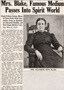 A historic newspaper obituary announcing the death of spiritualist medium Elizabeth Winn Blake in 1920, featuring her seated portrait and the headline “Mrs. Blake, Famous Medium Passes Into Spirit World.”