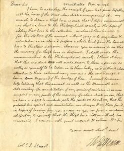 Letter from Thomas Jefferson to Col. Jone Stuart thanking Stuart for bones of Megalonyx jeffersonii.