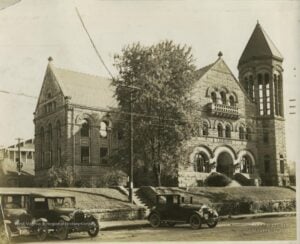 Stewart Hall on the West Virginia University campus in Morgantown during the late 1920s, when Ish Kabibble (Merwyn Bogue) studied law at the university. Originally constructed as the university library, the Richardsonian Romanesque building now houses the office of the WVU president.