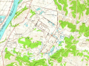 A section of the 1958 U.S. Geological Survey Cheshire quadrangle shows the former West Virginia Ordnance Works near Point Pleasant, W.Va., including its industrial layout, road network, and surviving infrastructure. The map also identifies Camp Conley, the National Guard installation, and the West Virginia University Experimental Station. (USGS, Cheshire quadrangle, 1958)