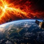 Illustration of a powerful solar eruption above Earth, with numerous satellites orbiting the planet against a backdrop of fiery solar activity.